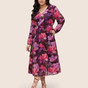 Floral Lantern Sleeve Mesh Elastic Waist Dress